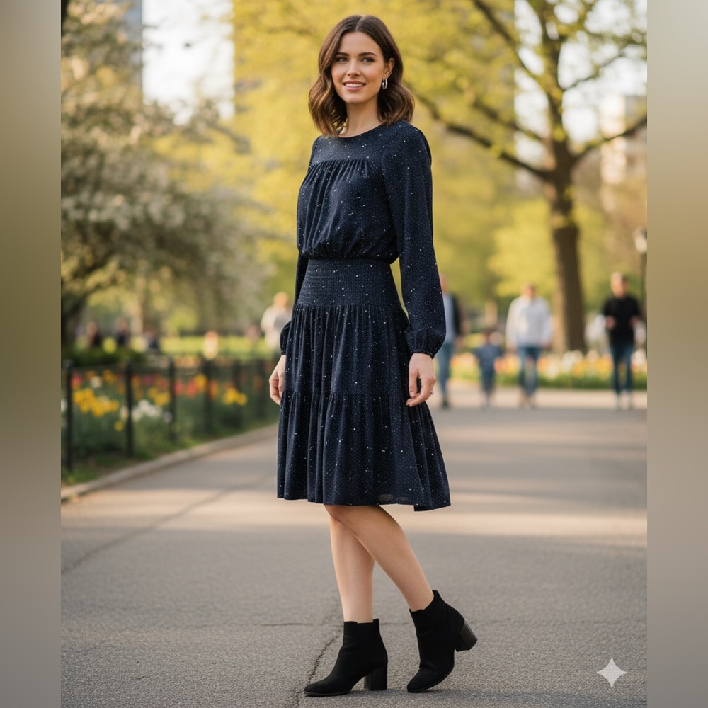 LAUREN RALPH LAUREN Navy Blue Polka Dot Long Sleeve Tiered Midi Dress🤩